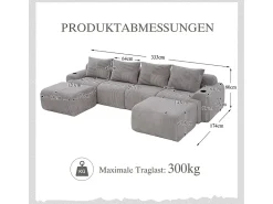 Sofá|DripeX Sofá 4 lugares canto modular veludo canelado, 2 pufes e 4 almofadas, 333x174x80cm, Cinzento claro