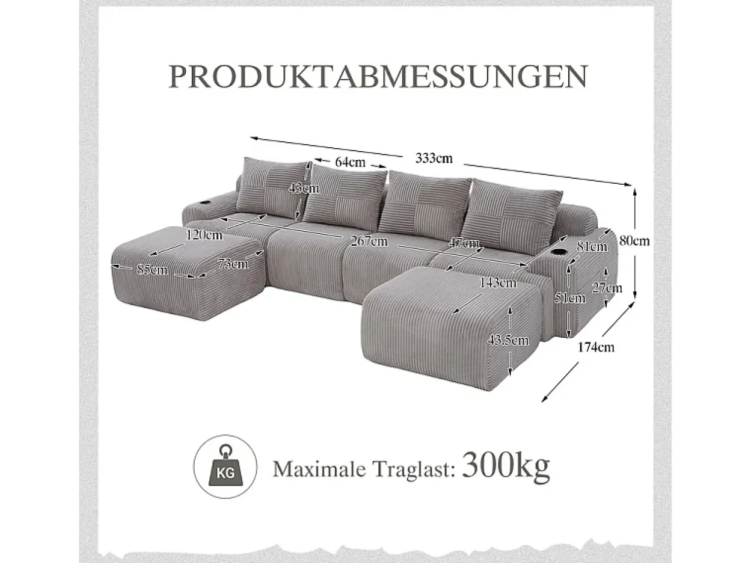 Sofá|DripeX Sofá 4 lugares canto modular veludo canelado, 2 pufes e 4 almofadas, 333x174x80cm, Cinzento claro