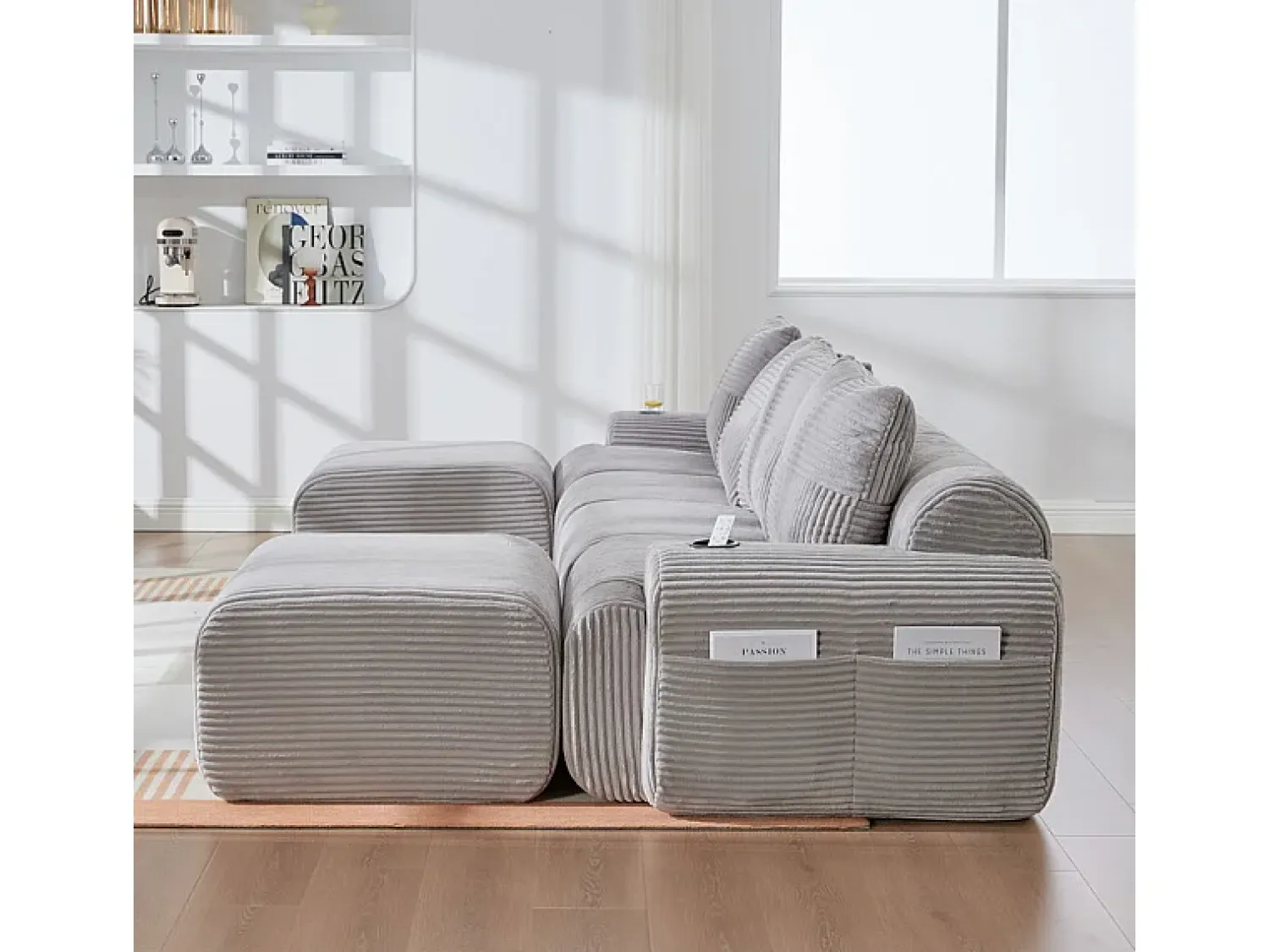 Sofá|DripeX Sofá 4 lugares canto modular veludo canelado, 2 pufes e 4 almofadas, 333x174x80cm, Cinzento claro
