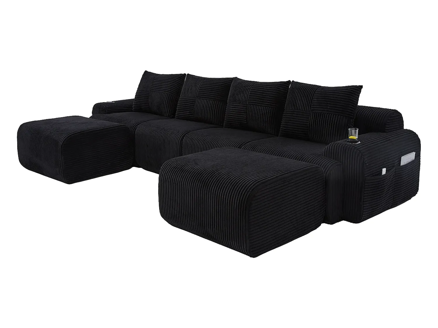 DripeX Sofá 4 lugares canto modular veludo canelado, 2 pufes e 4 almofadas, 333x174x80cm,^ Sofá