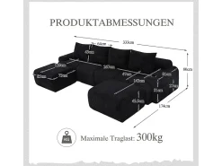 DripeX Sofá 4 lugares canto modular veludo canelado, 2 pufes e 4 almofadas, 333x174x80cm,^ Sofá