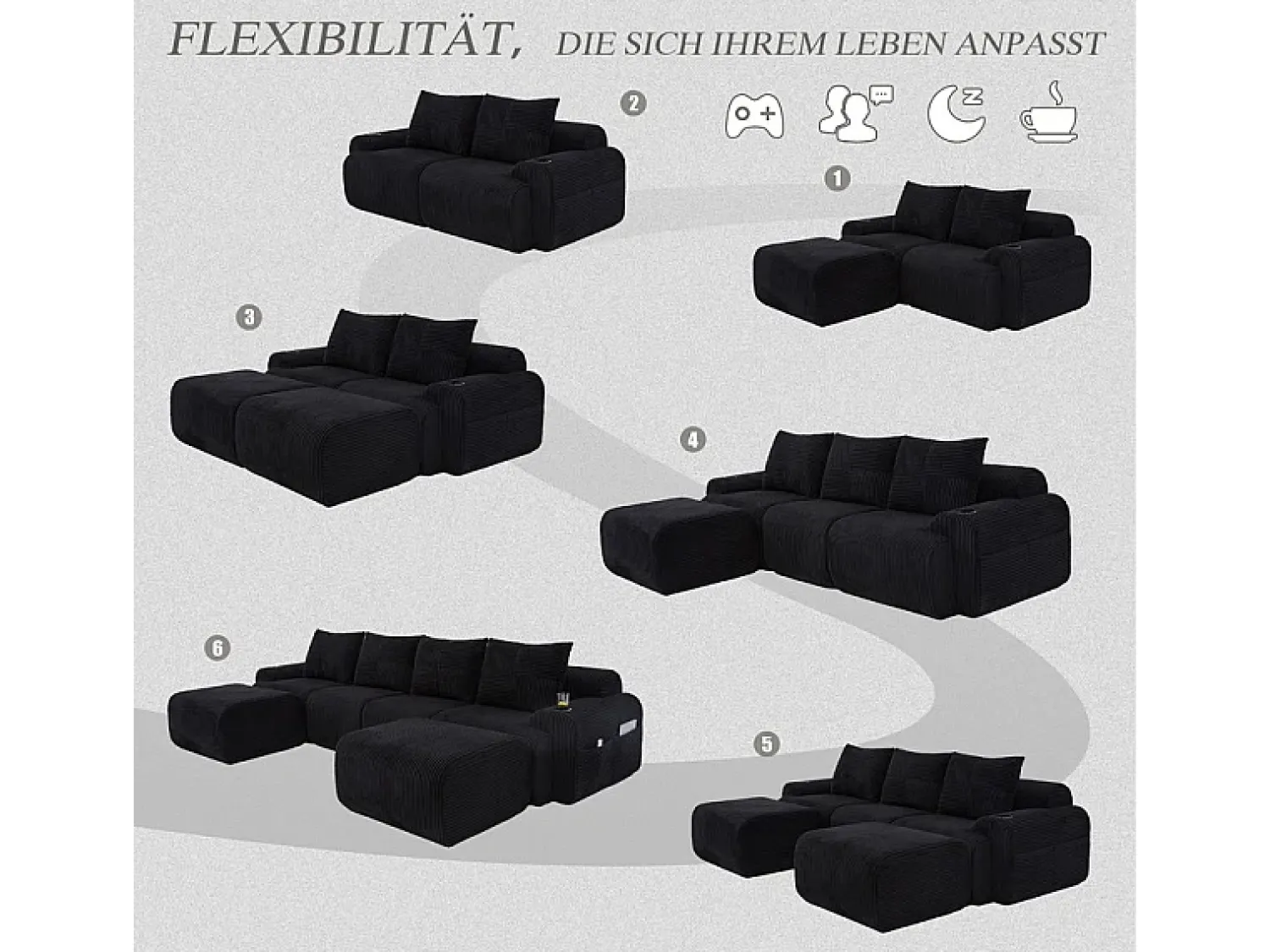 DripeX Sofá 4 lugares canto modular veludo canelado, 2 pufes e 4 almofadas, 333x174x80cm,^ Sofá