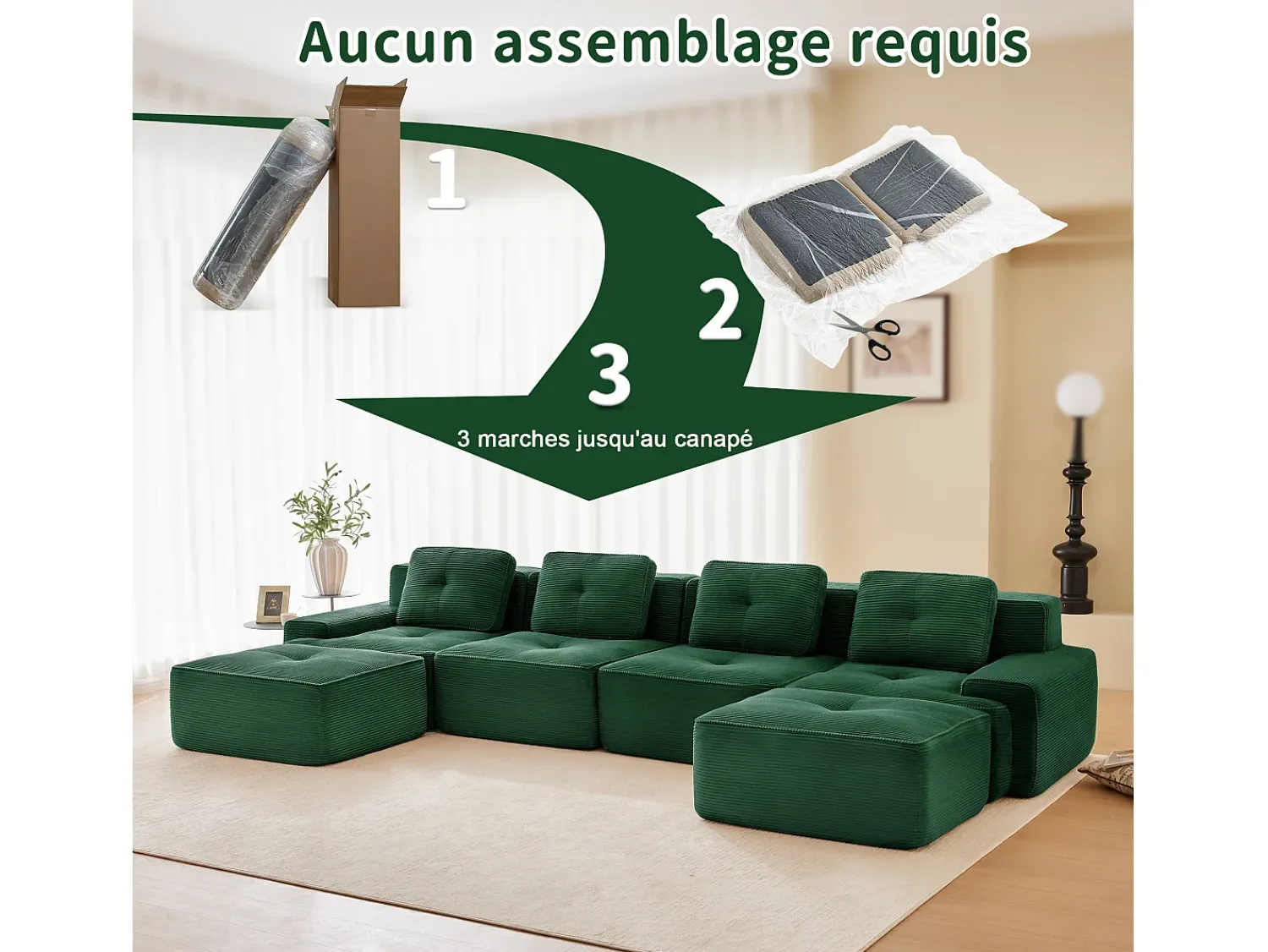 Online DripeX Sofá 4 lugares Canto Modular em Veludo cotelê, com 2 puffs e 4 almofadas, 382x177x69cm, Verde