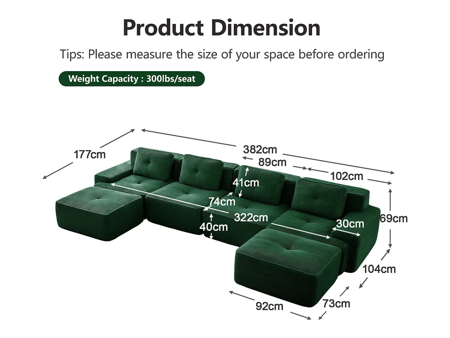 Online DripeX Sofá 4 lugares Canto Modular em Veludo cotelê, com 2 puffs e 4 almofadas, 382x177x69cm, Verde