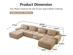 Clearance DripeX Sofá 4 lugares Canto Modular em Veludo cotelê, com 2 puffs e 4 almofadas, 382x177x69cm, Bege