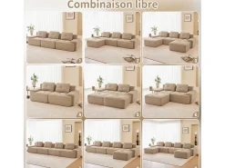 Clearance DripeX Sofá 4 lugares Canto Modular em Veludo cotelê, com 2 puffs e 4 almofadas, 382x177x69cm, Bege