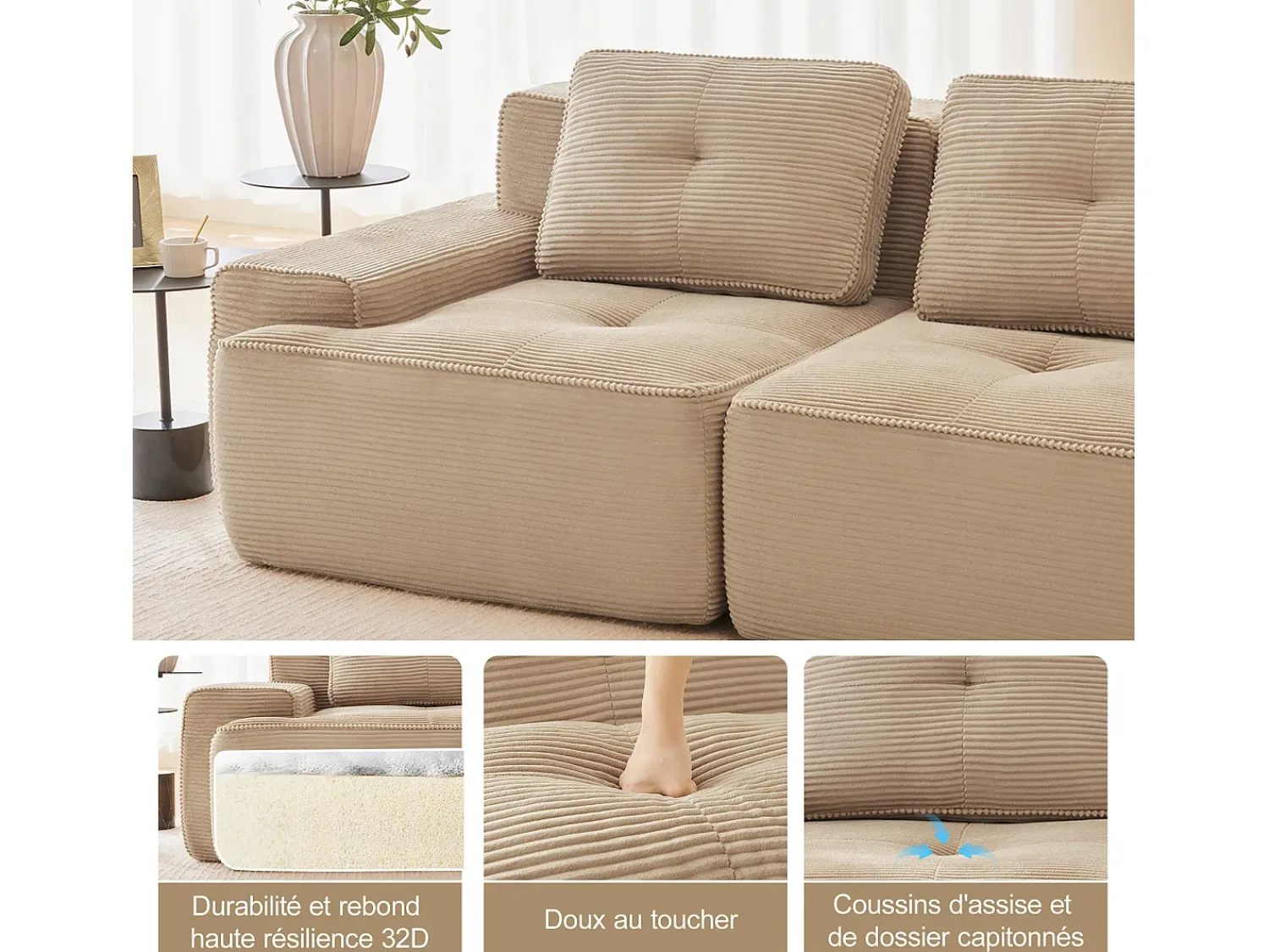 Clearance DripeX Sofá 4 lugares Canto Modular em Veludo cotelê, com 2 puffs e 4 almofadas, 382x177x69cm, Bege