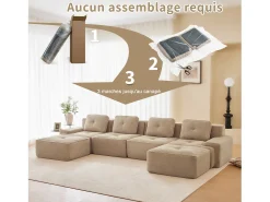 Clearance DripeX Sofá 4 lugares Canto Modular em Veludo cotelê, com 2 puffs e 4 almofadas, 382x177x69cm, Bege