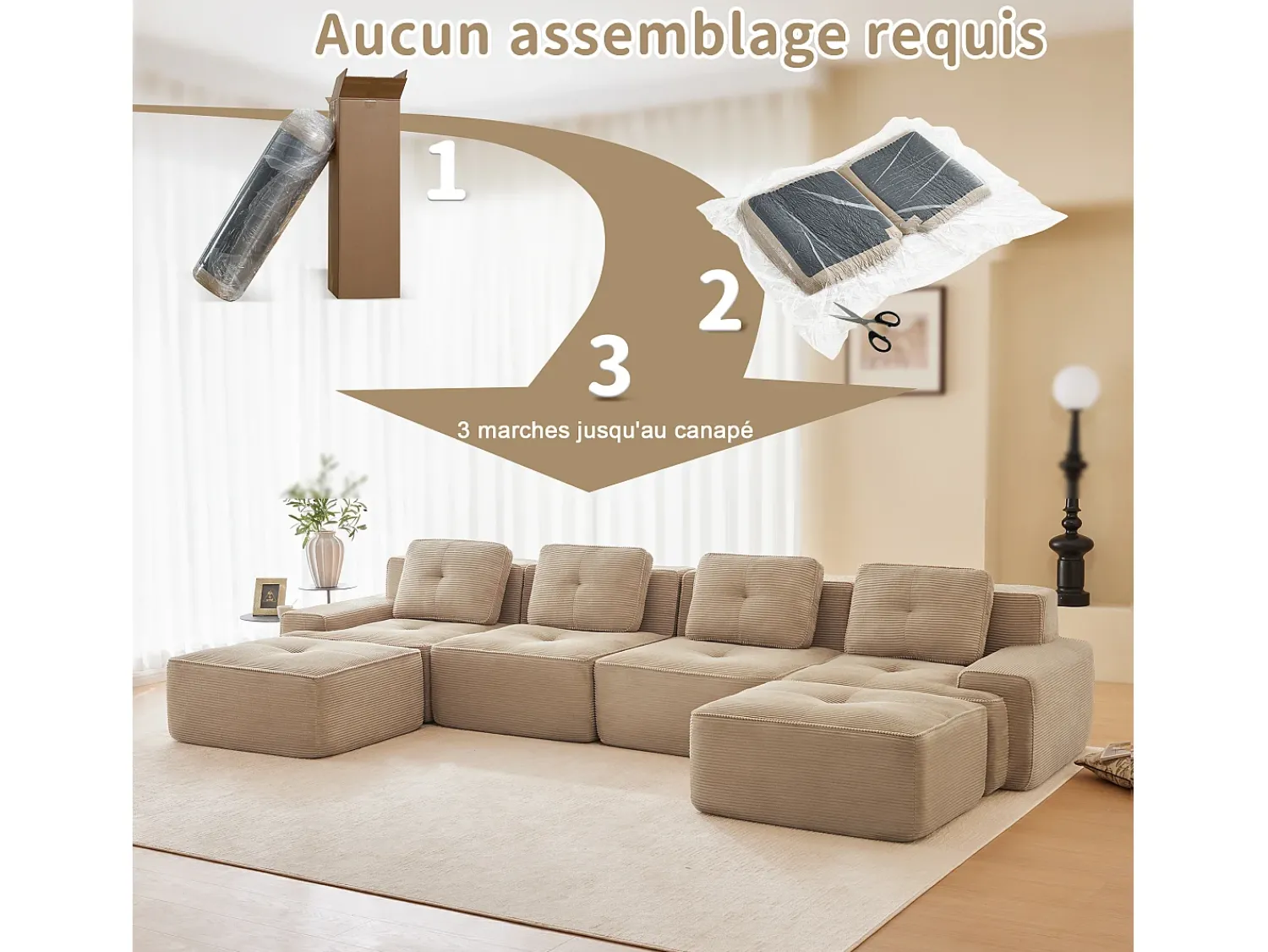 Clearance DripeX Sofá 4 lugares Canto Modular em Veludo cotelê, com 2 puffs e 4 almofadas, 382x177x69cm, Bege