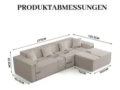 Sofá*DripeX Sofá 3 lugares canto modular - Veludo canelado - pufe e 4 travesseiros - 277x165.5x65.5cm Bege