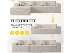 Sofá*DripeX Sofá 3 lugares canto modular - Veludo canelado - pufe e 4 travesseiros - 277x165.5x65.5cm Bege