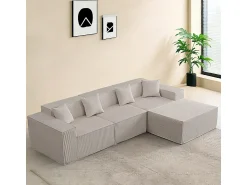 Sofá*DripeX Sofá 3 lugares canto modular - Veludo canelado - pufe e 4 travesseiros - 277x165.5x65.5cm Bege