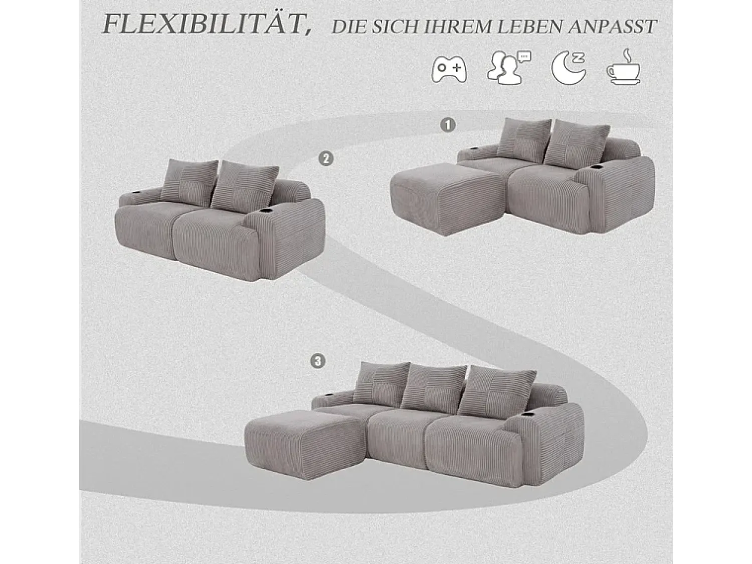 DripeX Sofá 3 lugares canto modular veludo canelado, pufe, porta-copos e bolso, 268x174x80cm,^ Sofá