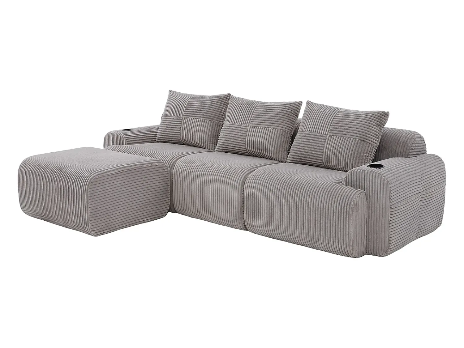 DripeX Sofá 3 lugares canto modular veludo canelado, pufe, porta-copos e bolso, 268x174x80cm,^ Sofá