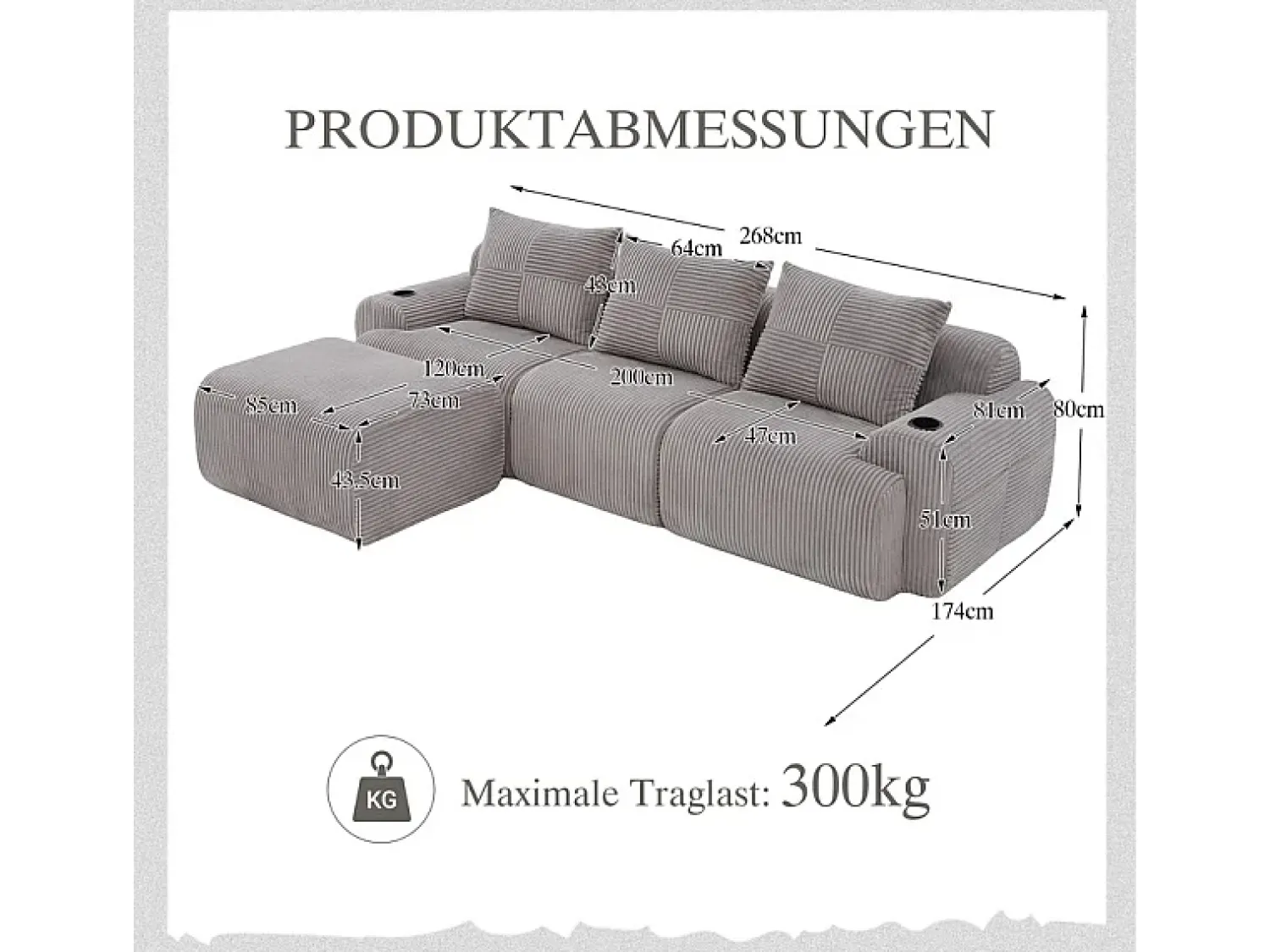 DripeX Sofá 3 lugares canto modular veludo canelado, pufe, porta-copos e bolso, 268x174x80cm,^ Sofá