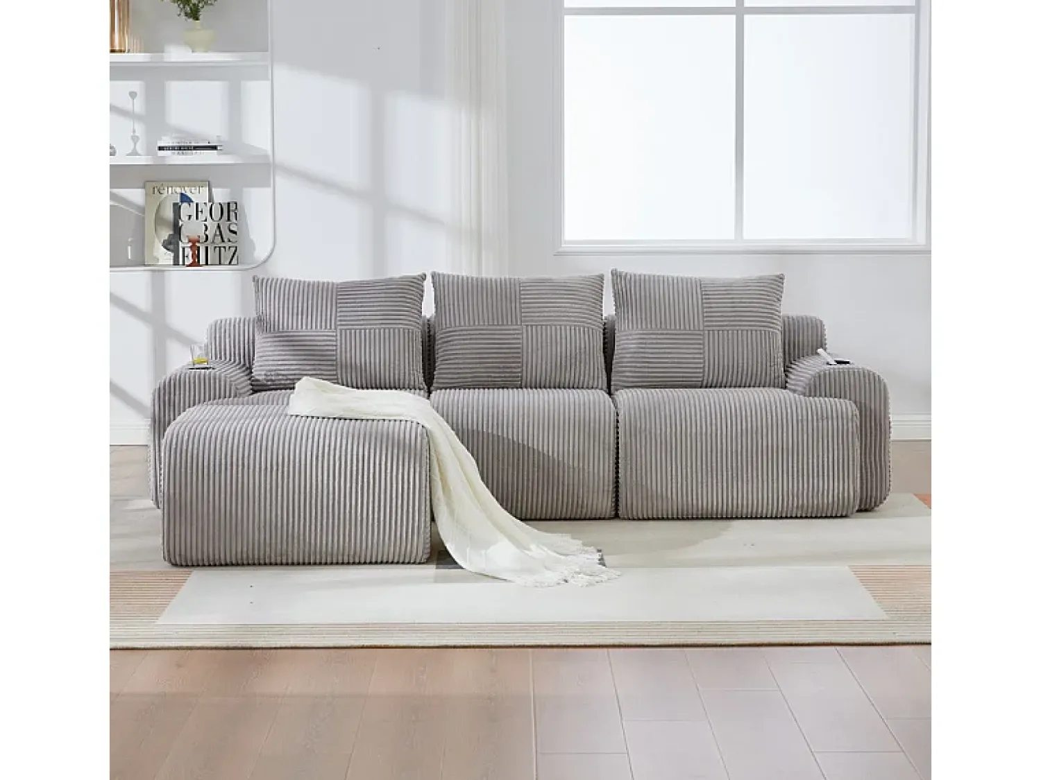 DripeX Sofá 3 lugares canto modular veludo canelado, pufe, porta-copos e bolso, 268x174x80cm,^ Sofá