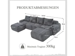 Outlet DripeX Sofá 4 lugares canto modular veludo canelado, 2 pufes e 4 almofadas, 333x174x80cm, Cinzento antracite Cinza antracite