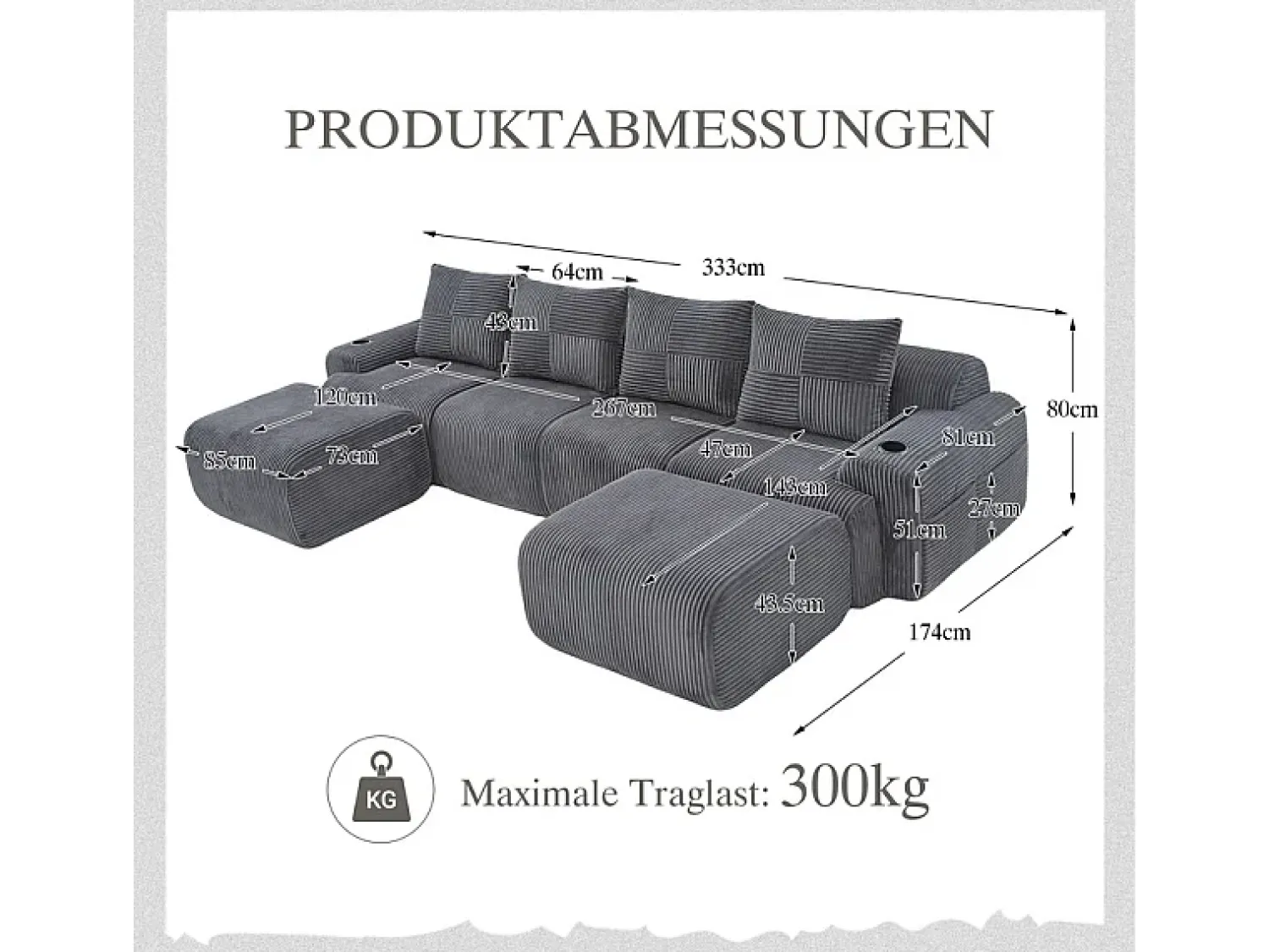 Outlet DripeX Sofá 4 lugares canto modular veludo canelado, 2 pufes e 4 almofadas, 333x174x80cm, Cinzento antracite Cinza antracite