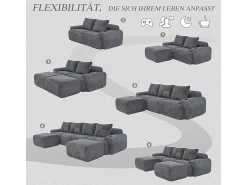 Outlet DripeX Sofá 4 lugares canto modular veludo canelado, 2 pufes e 4 almofadas, 333x174x80cm, Cinzento antracite Cinza antracite