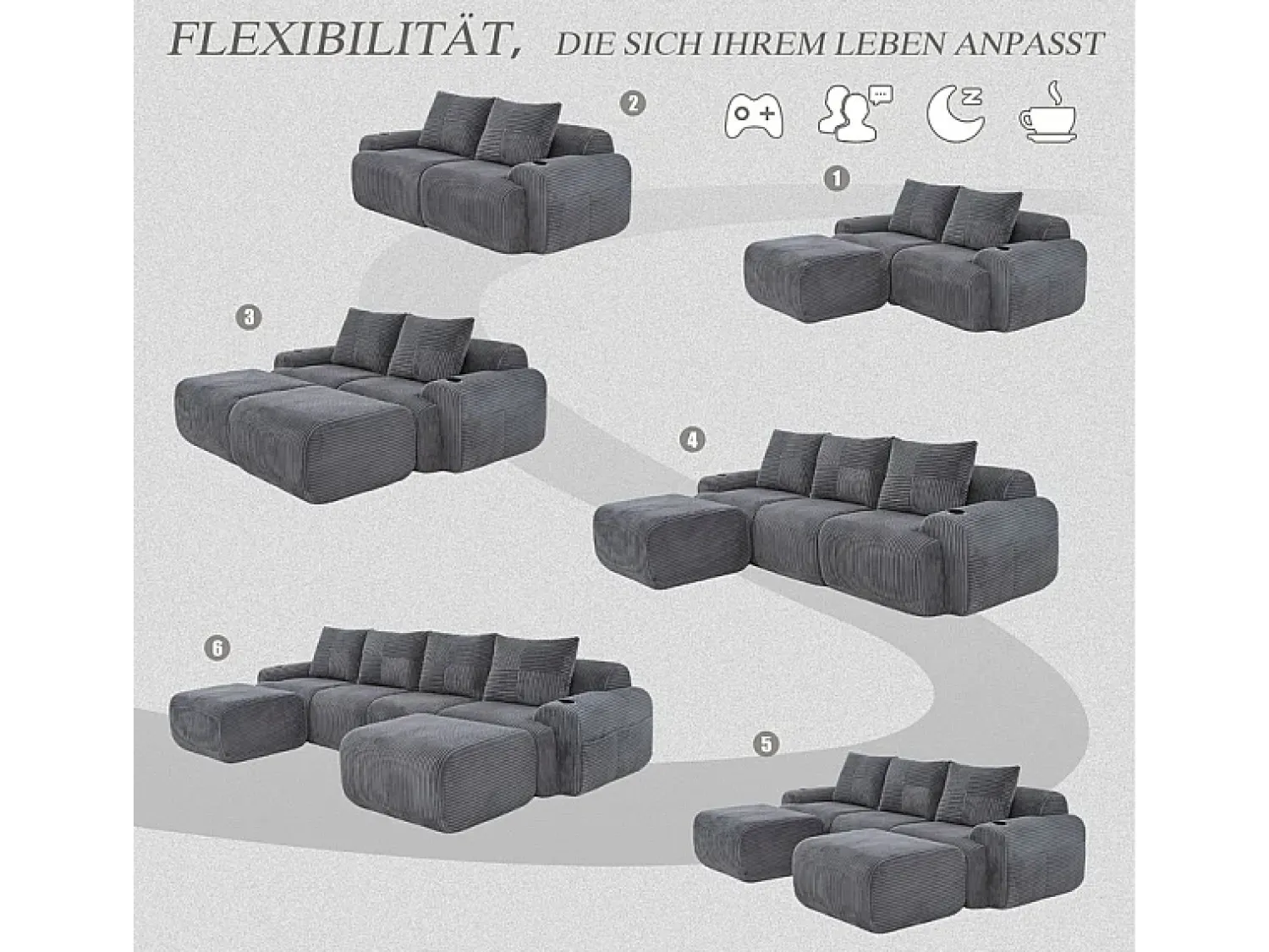 Outlet DripeX Sofá 4 lugares canto modular veludo canelado, 2 pufes e 4 almofadas, 333x174x80cm, Cinzento antracite Cinza antracite