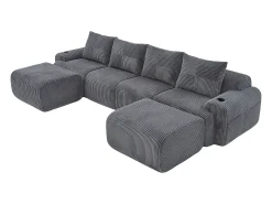 Outlet DripeX Sofá 4 lugares canto modular veludo canelado, 2 pufes e 4 almofadas, 333x174x80cm, Cinzento antracite Cinza antracite