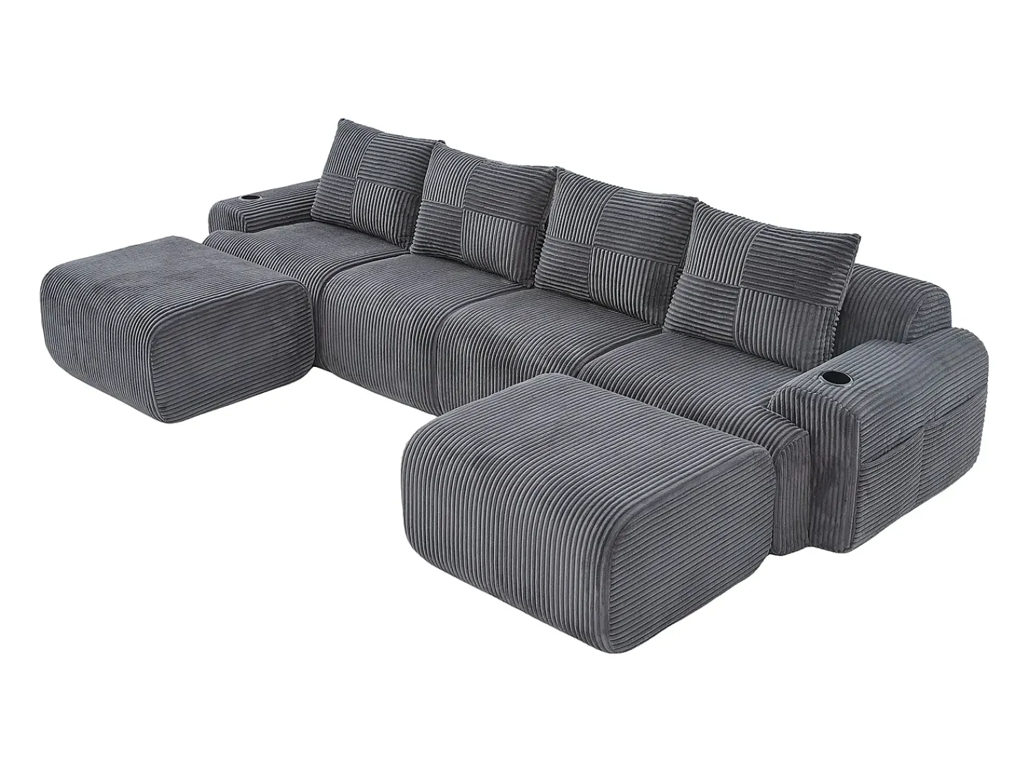 Outlet DripeX Sofá 4 lugares canto modular veludo canelado, 2 pufes e 4 almofadas, 333x174x80cm, Cinzento antracite Cinza antracite