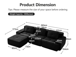 Sofá*DripeX Sofá 3 lugares Canto Modular em Veludo cotelê, com puff e 3 almofadas, 293x177x69cm, Preto
