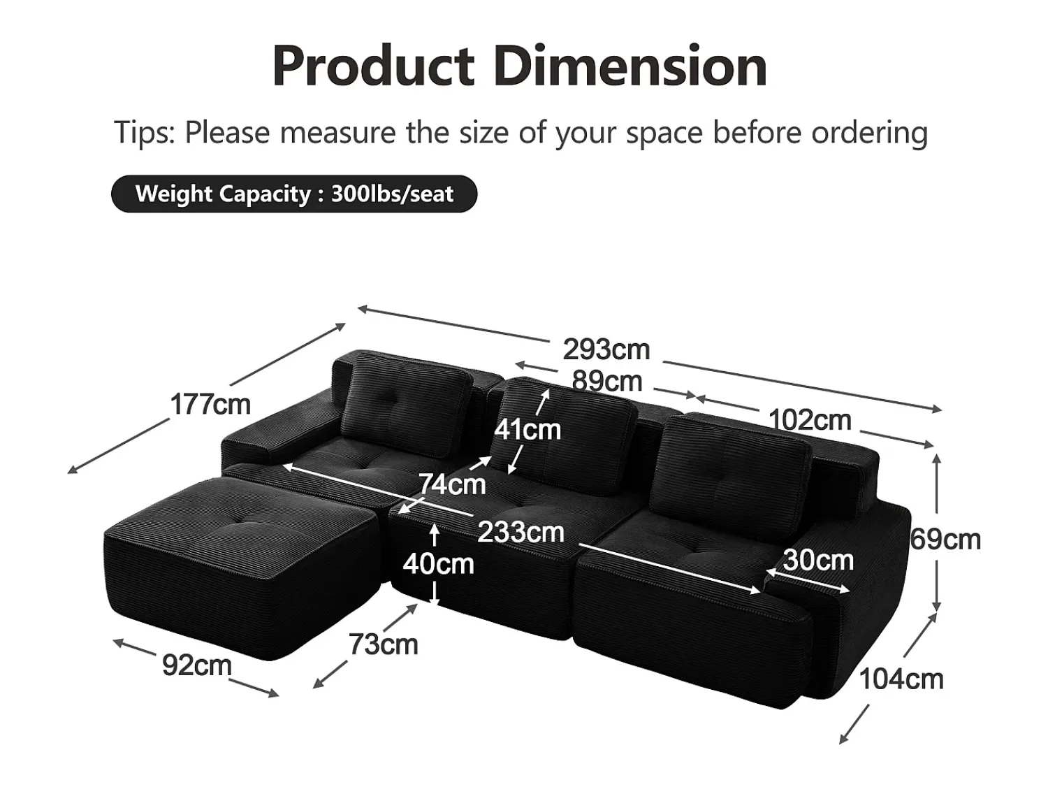 Sofá*DripeX Sofá 3 lugares Canto Modular em Veludo cotelê, com puff e 3 almofadas, 293x177x69cm, Preto