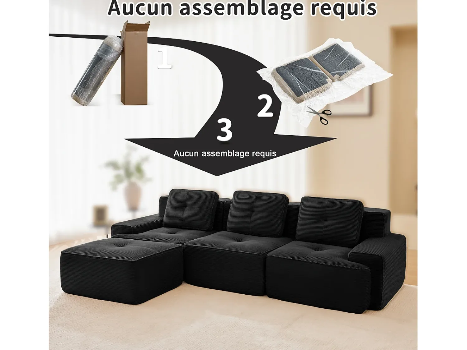 Sofá*DripeX Sofá 3 lugares Canto Modular em Veludo cotelê, com puff e 3 almofadas, 293x177x69cm, Preto