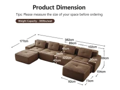 Sofá|DripeX Sofá 4 lugares Canto Modular em Veludo cotelê, com 2 puffs e 4 almofadas, 382x177x69cm, Marrom Castanho