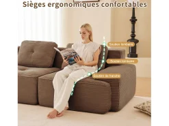 Sofá|DripeX Sofá 4 lugares Canto Modular em Veludo cotelê, com 2 puffs e 4 almofadas, 382x177x69cm, Marrom Castanho