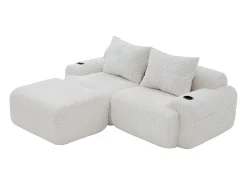 Sale DripeX Sofá 2 lugares canto modular veludo canelado, pufe, porta-copos e bolso, 200x174x80cm, Bege