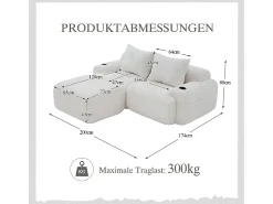 Sale DripeX Sofá 2 lugares canto modular veludo canelado, pufe, porta-copos e bolso, 200x174x80cm, Bege