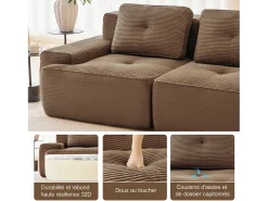 Hot DripeX Sofá 3 lugares Canto Modular em Veludo cotelê, com puff e 3 almofadas, 293x177x69cm, Marrom Castanho