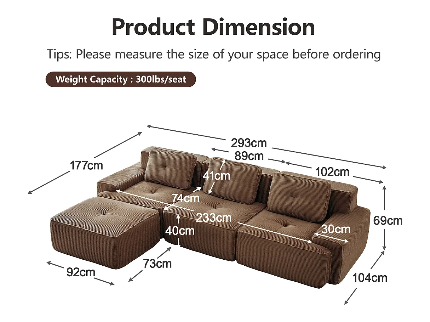 Hot DripeX Sofá 3 lugares Canto Modular em Veludo cotelê, com puff e 3 almofadas, 293x177x69cm, Marrom Castanho