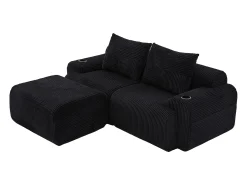 Sofá|DripeX Sofá 2 lugares canto modular veludo canelado, pufe, porta-copos e bolso, 200x174x80cm, Preto