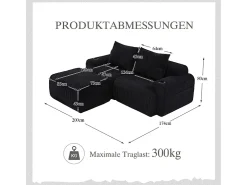 Sofá|DripeX Sofá 2 lugares canto modular veludo canelado, pufe, porta-copos e bolso, 200x174x80cm, Preto