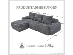 Sofá*DripeX Sofá 3 lugares canto modular veludo canelado, pufe, porta-copos e bolso, 268x174x80cm, Cinzento antracite Cinza antracite