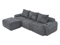 Sofá*DripeX Sofá 3 lugares canto modular veludo canelado, pufe, porta-copos e bolso, 268x174x80cm, Cinzento antracite Cinza antracite