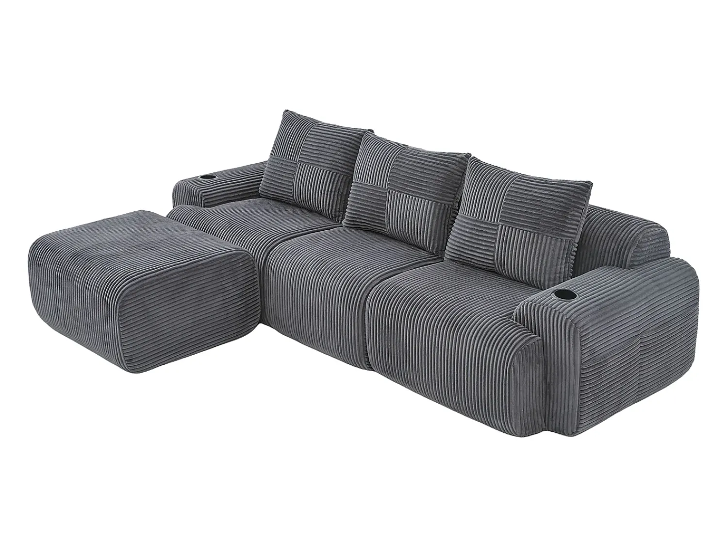 Sofá*DripeX Sofá 3 lugares canto modular veludo canelado, pufe, porta-copos e bolso, 268x174x80cm, Cinzento antracite Cinza antracite