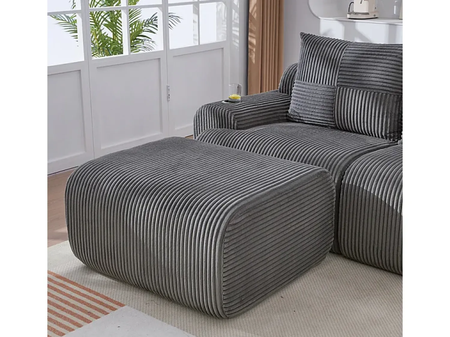 Sofá*DripeX Sofá 2 lugares canto modular veludo canelado, pufe, porta-copos e bolso, 200x174x80cm, Cinzento antracite Cinza antracite