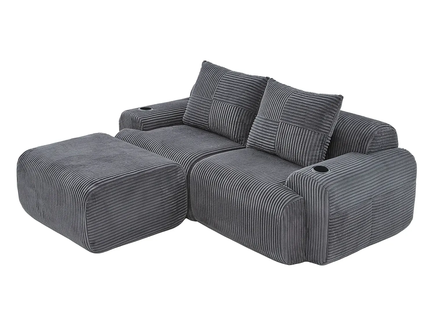 Sofá*DripeX Sofá 2 lugares canto modular veludo canelado, pufe, porta-copos e bolso, 200x174x80cm, Cinzento antracite Cinza antracite