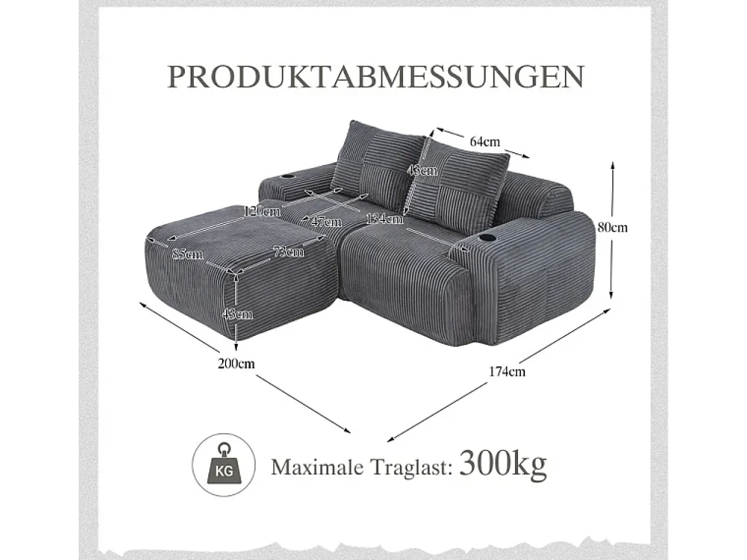 Sofá*DripeX Sofá 2 lugares canto modular veludo canelado, pufe, porta-copos e bolso, 200x174x80cm, Cinzento antracite Cinza antracite