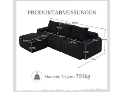 DripeX Sofá 3 lugares canto modular veludo canelado, pufe, porta-copos e bolso, 268x174x80cm, Preto