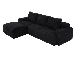 DripeX Sofá 3 lugares canto modular veludo canelado, pufe, porta-copos e bolso, 268x174x80cm, Preto