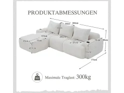 DripeX Sofá 3 lugares canto modular veludo canelado, pufe, porta-copos e bolso, 268x174x80cm,^ Sofá