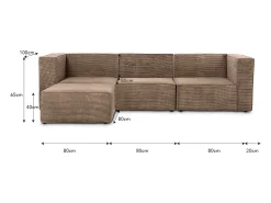 Sofá 3 lugares chaise longue estofado em veludo cotelê cor pedra^ Sofá