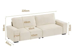Sale DripeX Sofá 3 lugares chenille - com braços largos - 220 x 83 x 88 cm Bege