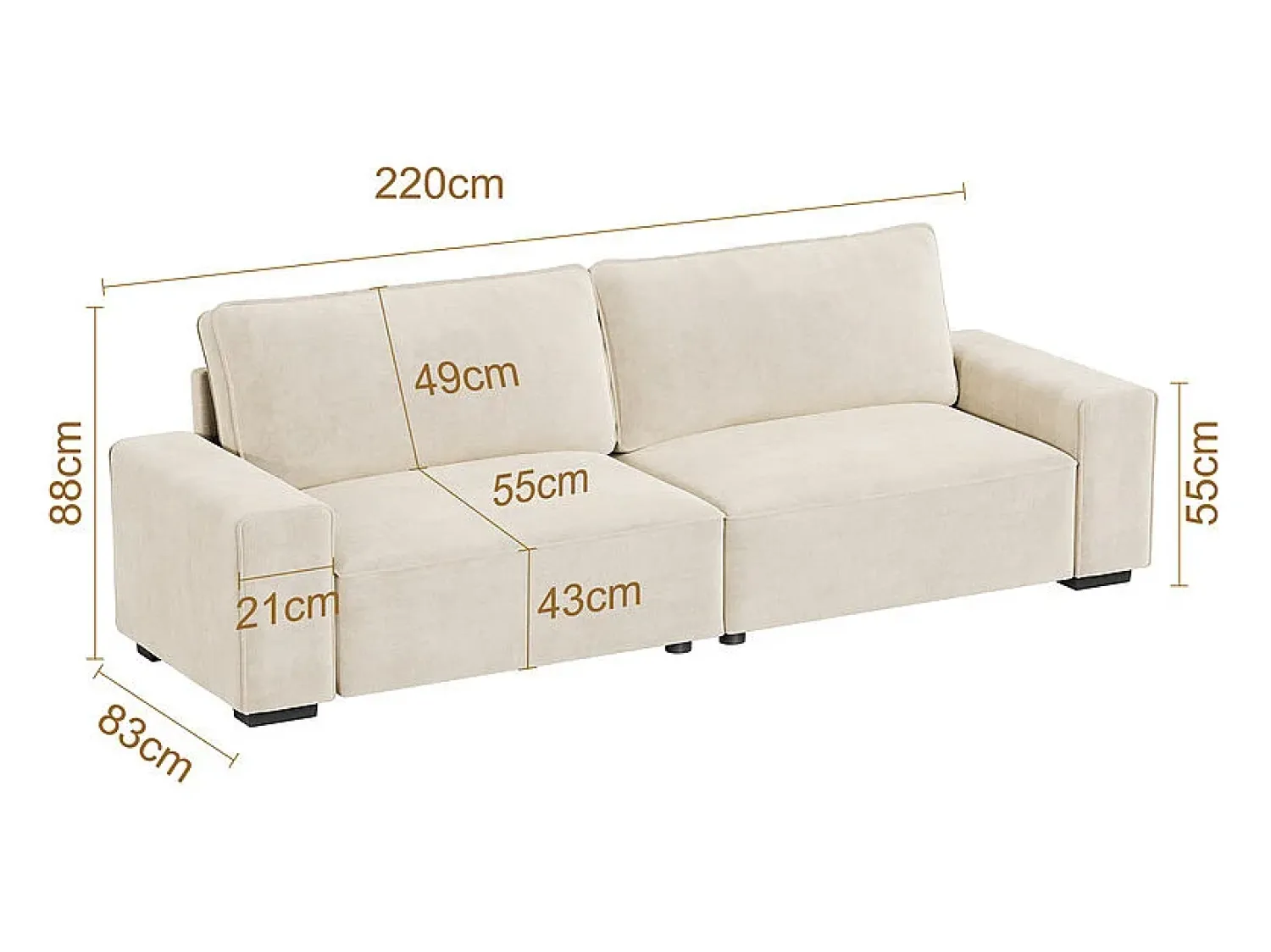 Sale DripeX Sofá 3 lugares chenille - com braços largos - 220 x 83 x 88 cm Bege