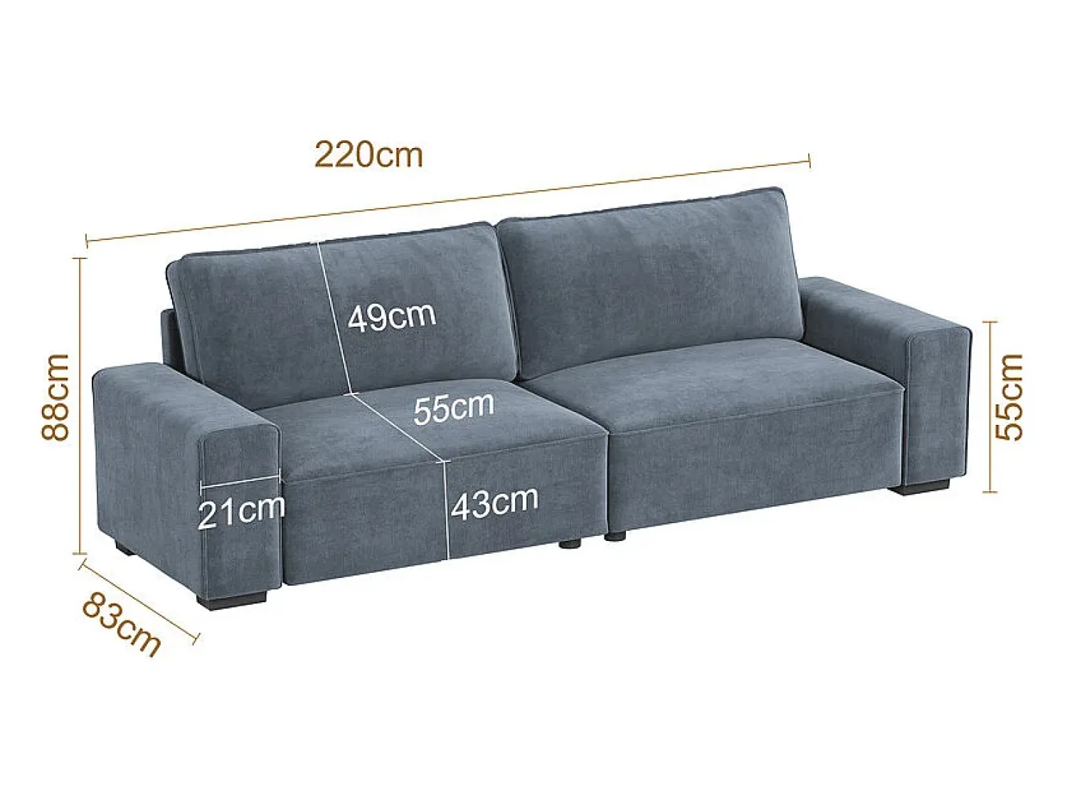 Sofá|DripeX Sofá 3 lugares chenille cinza - com braços largos - 220 x 83 x 88 cm Cinzento